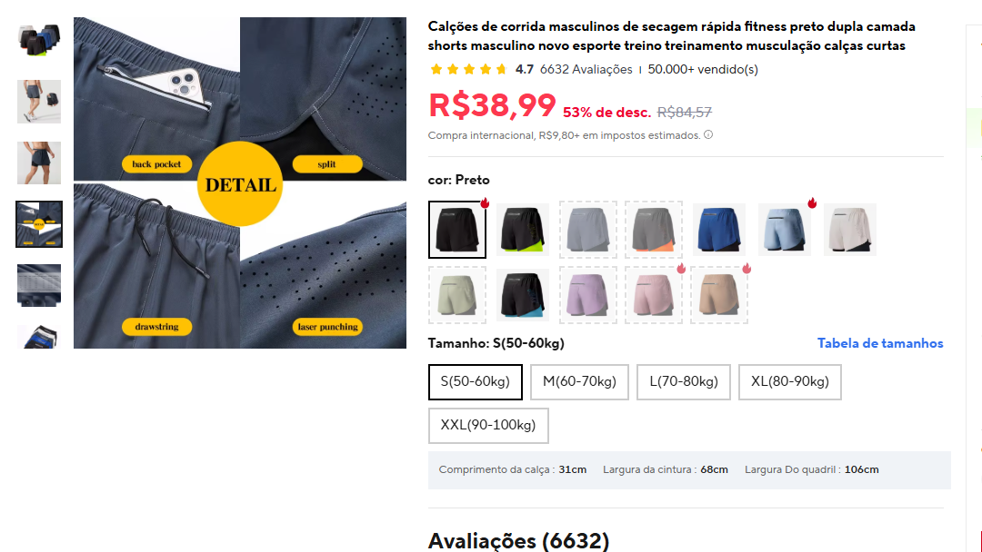 Detalhes reais do short: bolso traseiro com zíper, fenda lateral, cordão de ajuste e perfuração a laser